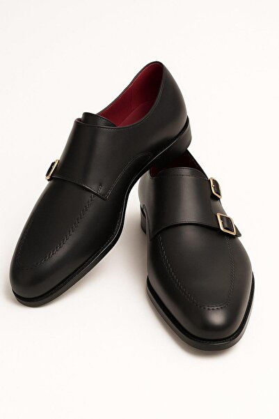 Deriderim Pantofi clasici negri pentru bărbați din piele naturală cu cataramă dublă