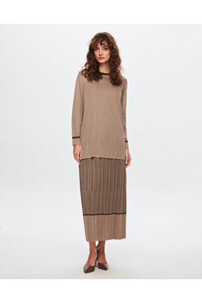 MISS DALIDA T24Y-6028 Yakası Biye Detaylı Şık Tunik BEİGE CACAO