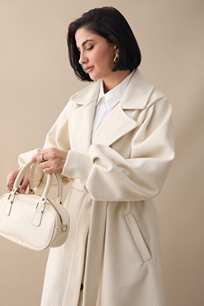 InStyle Double-Breasted Balloon Sleeve Belted Unlined Ecru Cashmere Coat