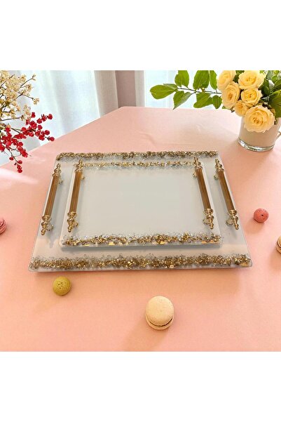 Online Home Market Set of 2 Promise & Engagement Ring Coffee Serving Tray Set – Gold Gilded Yellow Handle, Rectangular Glass Design