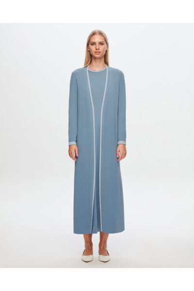 MISS DALIDA T24Y-4025 Yakası Ve Bileği Desenli Triko Elbise 1236-BLUE