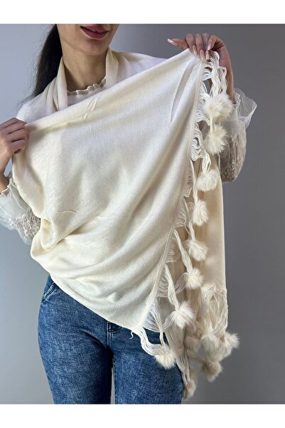 Gönülden Tasarım Ekru Tri̇ko Tasseled Pompom Women's Shawl 175X60 cm