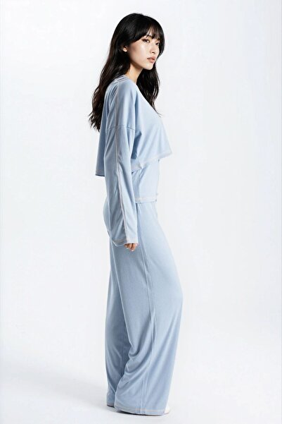 Ecrou Kadın Mavi Raporlu Kaşkorse Doku Seoul 3 Lü Pijama Takım