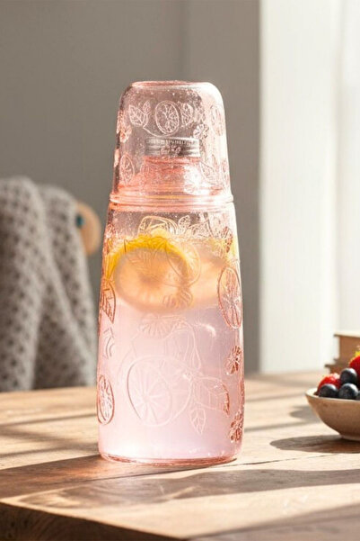 Home Lemora Cam Başucu Sürahisi 1200 ml Desenli Kapaklı Su Şişesi