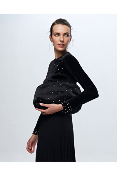 MISS DALIDA İncili Kadife Siyah Elbise