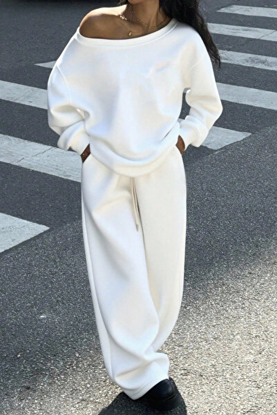 BLUE STREET Kadın Düşük Omuz Yumuşak Basic Sweat Eşofman Takımı