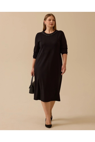 SEÇİL YENİ KADIN büyük beden taşlı yaka detaylı elbise 10002521314002