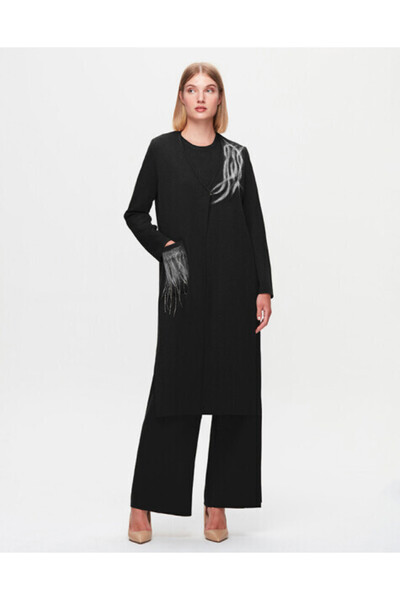 MISS DALIDA T25K-9021 Önü Keçe Baskılı Siyah Hırka