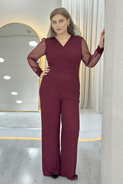 zks grup tekstil Women's Silvery Double-Breasted Neckline Tulle Sleeve Evening Dress Jumpsuit Purple, Black, Navy Blue, Burgundy, Silver, Green