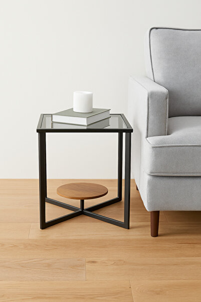 MARIA HOMES Modern Glass Side Table with Black Metal Frame and Brown Wooden Shelf – Square End Table 40×40×50 cm