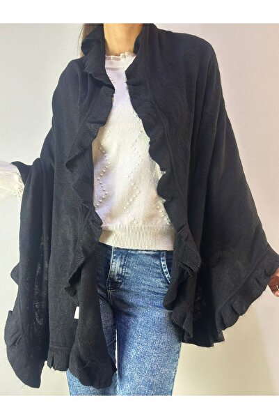 Gönülden Tasarım Black Ruffled Knitwear Soft Women's Shawl 170X75 cm