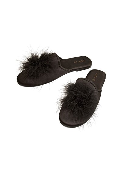 ESOTIQ Papuci de casă pentru femei cu pompon, pufoși și îmblăniți, stil elega...