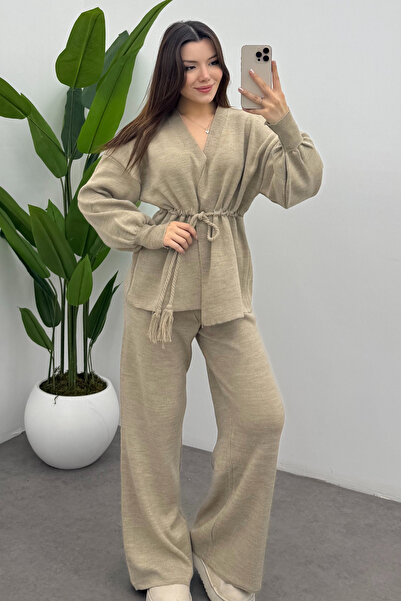 Bipantolon Жіночий кремовий пояс з китицями, шнурівкою та деталями, кардиган, штани, двокомпонентний трикотажний комплект