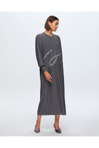 MISS DALIDA T24K-4012 Balon Kollu Parlak Taşlı Elbise 1318-ANTHRACITE