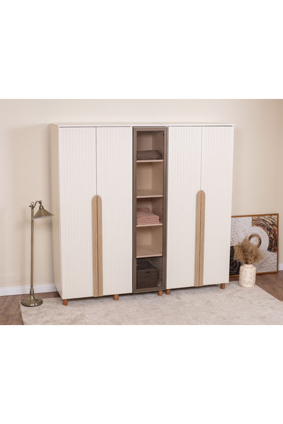 DONACO İtra 5 Kapaklı Gardırop – Krem Gövde, Krem Lake Camlı Kapak