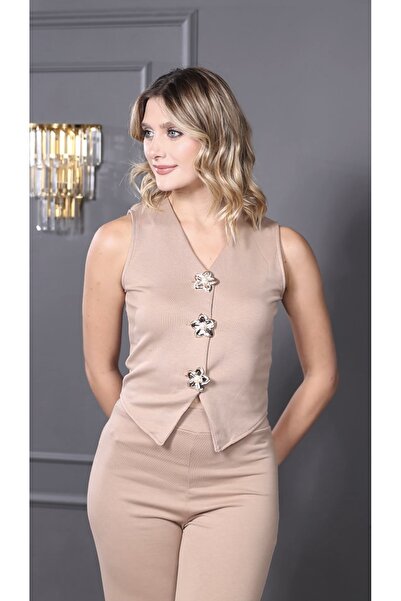 HEDEF DAİSY Women's Clothing Floral Button Detailed V-Neck Bottom Top Set