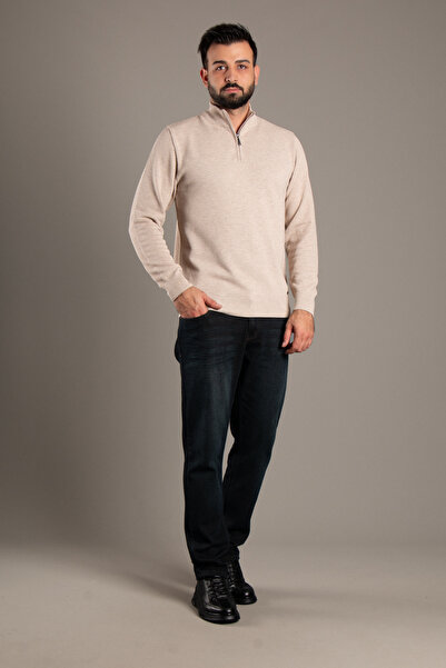 ZEKİ ÖZER Men's Beige Textured Mock Neck Zipper Knitwear