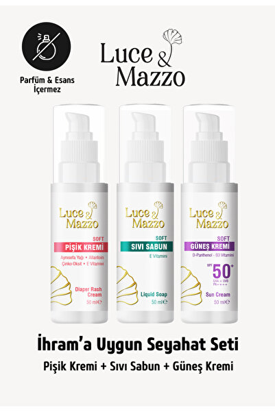 Luce & Mazzo Kokusuz İhrama Uygun Seyahat Seti Güneş Kremi, Sıvı Sabun, Pişik...