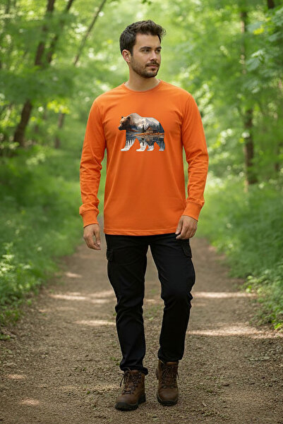 WİDİ Hunting Camping Nature and Baraka Bear Printed Regular Fit Orange Crew Neck Long Sleeve T-Shirt