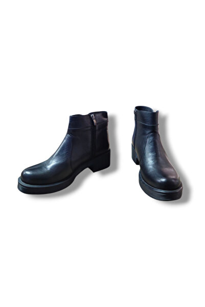 BARONES SHOES حذاء نسائي أسود من الجلد الطبيعي مع بطانة دافئة وكعب سميك وسحاب