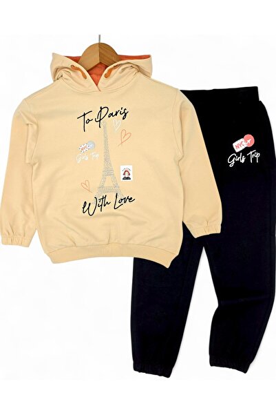 VOY KİDS Girl Child 6-7-8-9-10 Years Old Transitional Hooded Paris Printed Bottom Top Tracksuit Set