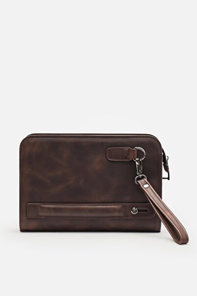 MAFİ İmza %100 Hakiki Kahverengi Deri Biyometrik El Çantası (Parmak İzi Kilitli)