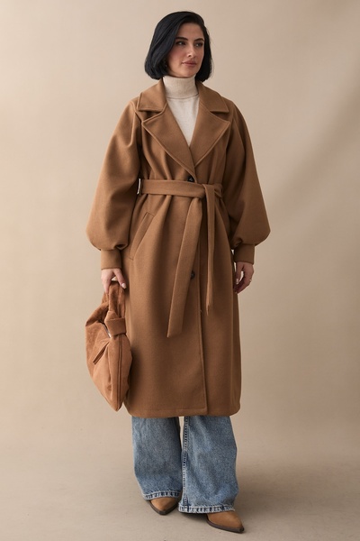 InStyle Double-Breasted Balloon Sleeve Belted Tan Cashmere Coat