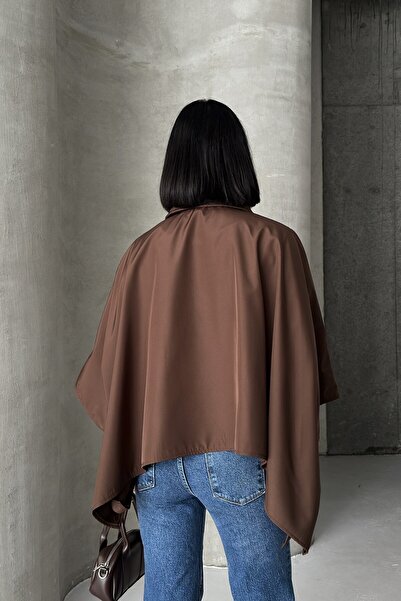 ALFUDO Moda Collection Siyah Yarasa Kol Detay Yakalı Düğmeli Rahat Kalıp Oversize Midi Boy Trençkot