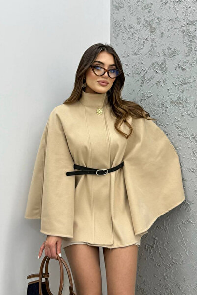 oshebu Premium Gold Buttoned Belted Cashmere Cape Poncho