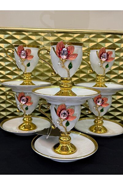 LOKMAN ZÜCCACİYE 6-Piece Pink Single-Stone Bronze Porcelain Footed Coffee Cup...