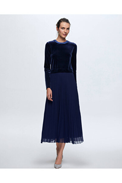 MISS DALIDA T24K-4007 Kadife-Şifon Pliseli Elbise PETROL