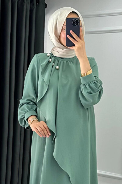 Abiye Diyarı Kadın Krep Kumaş Yakası İnci Detaylı Levanur Tesettür Elbise