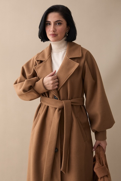 InStyle Double-Breasted Balloon Sleeve Belted Tan Cashmere Coat