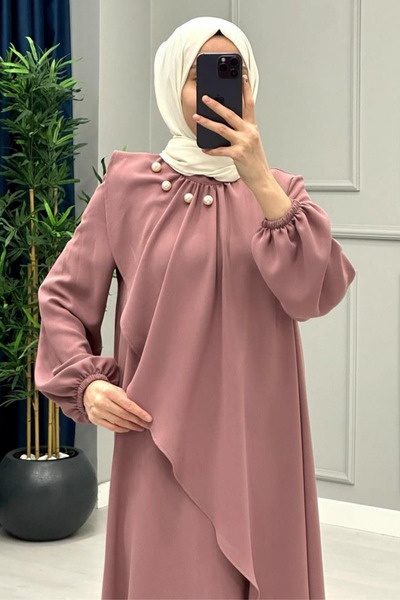 Abiye Diyarı Kadın Krep Kumaş Yakası İnci Detaylı Levanur Tesettür Elbise