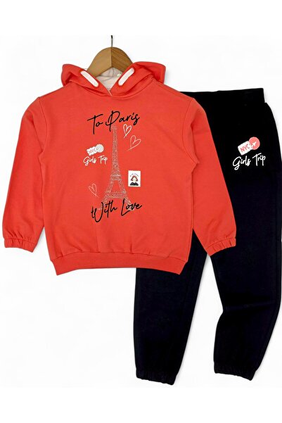 Ege Bebek Girl Child 6-7-8-9-10 Years Old Transitional Hooded Paris Printed Bottom Top Tracksuit Set