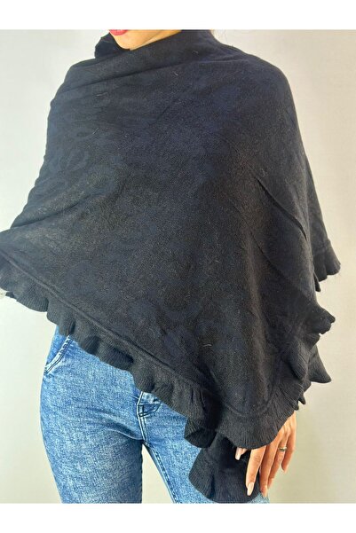 Gönülden Tasarım Black Ruffled Knitwear Soft Women's Shawl 170X75 cm