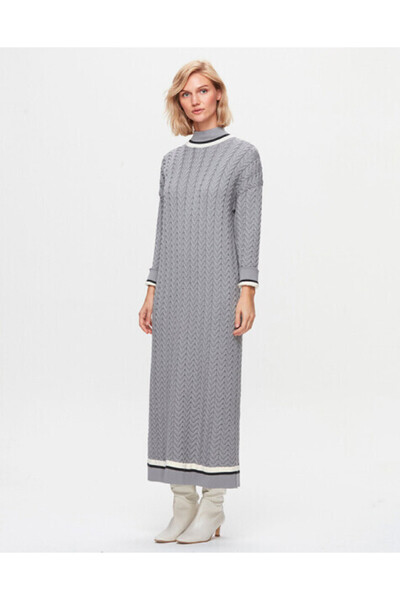 MISS DALIDA T25K-4018 Saç Örgülü Triko Gri Elbise