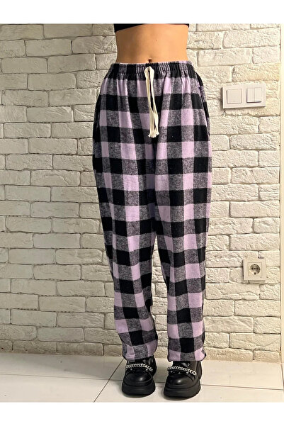 Velvet Harajuku Purple/Black Plaid Square Detailed Unisex Wide Leg Vintage Sweatpants HS