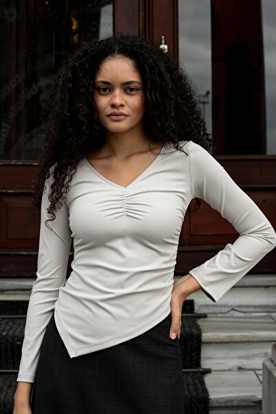 Jument Women's Stretch Fabric Flexible Lightweight Shiny Fabric V-Neck Gathered Long Sleeve Asymmetrical Blouse-Stone