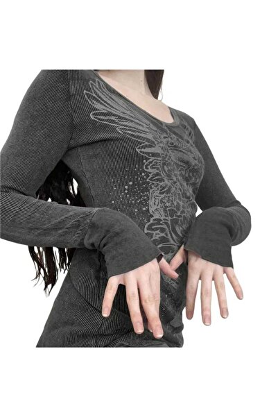İsra Ayyıldız Moonstar Collection Füme Gri Rose Angel Baskılı Y2K Uzun Kollu ...