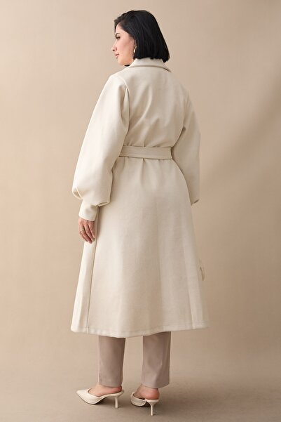 InStyle Double-Breasted Balloon Sleeve Belted Unlined Ecru Cashmere Coat