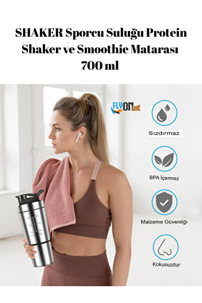FLYONLOOK 304 Steel Protein Shaker 700 ml - Non-Clumping Mixer, Fitness Shaker & Smoothie Bottle with Additional Compartment