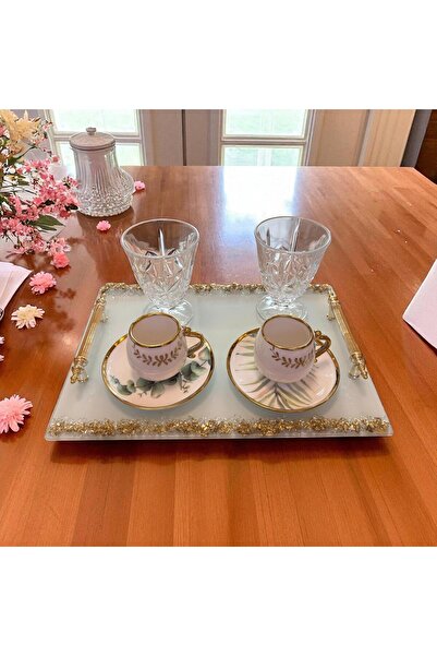 Online Home Market Set of 2 Promise & Engagement Ring Coffee Serving Tray Set – Gold Gilded Yellow Handle, Rectangular Glass Design