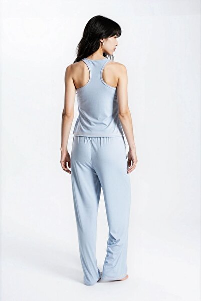 Ecrou Kadın Mavi Raporlu Kaşkorse Doku Seoul 3 Lü Pijama Takım