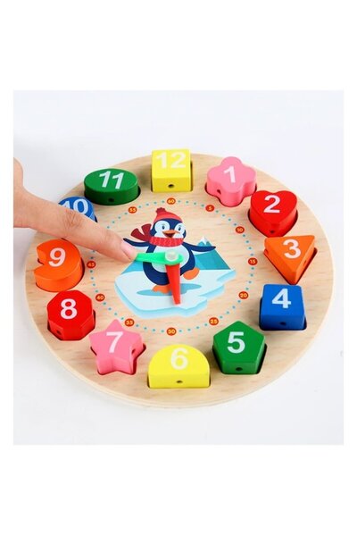 GOLD MARKET Educational Toy Clock with 12 Pieces, Penguin, Wooden, 3+, 17 cm