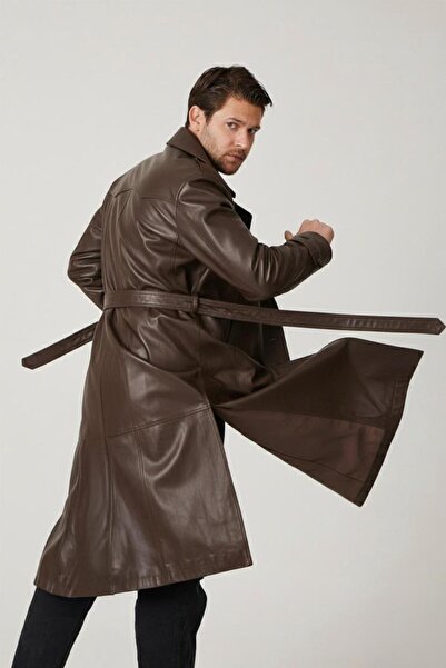 Deriderim Brown Matrix Genuine Leather Double-Breasted Button Closure Slit Lined Belted Trench Coat Men's Coat