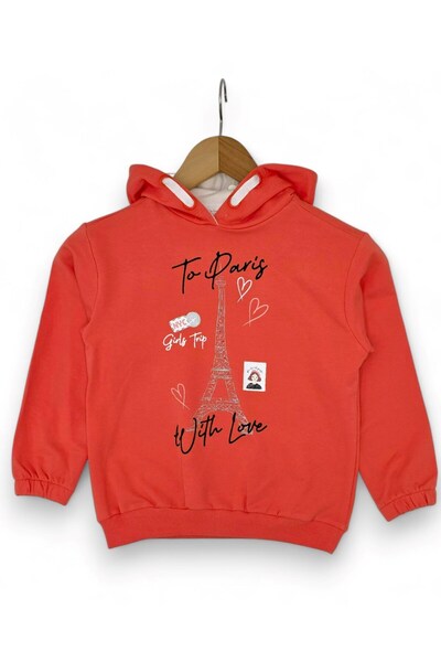 Ege Bebek Girl Child 6-7-8-9-10 Years Old Transitional Hooded Paris Printed Bottom Top Tracksuit Set