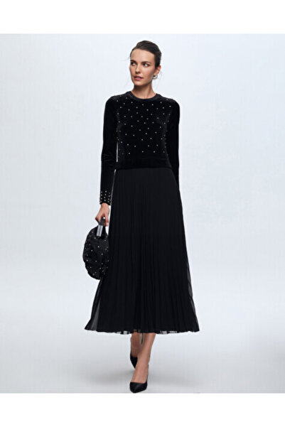 MISS DALIDA İncili Kadife Siyah Elbise