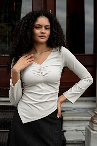 Jument Women's Stretch Fabric Flexible Lightweight Shiny Fabric V-Neck Gathered Long Sleeve Asymmetrical Blouse-Stone