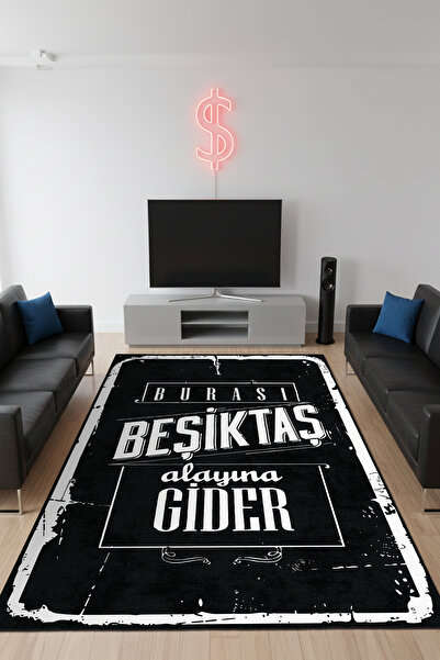 Ela Home Dijital Baskı Siyah Beyaz Beşiktaş Taraftar Halısı – Makinada Yıkanabilir Genç Odası Halısı
